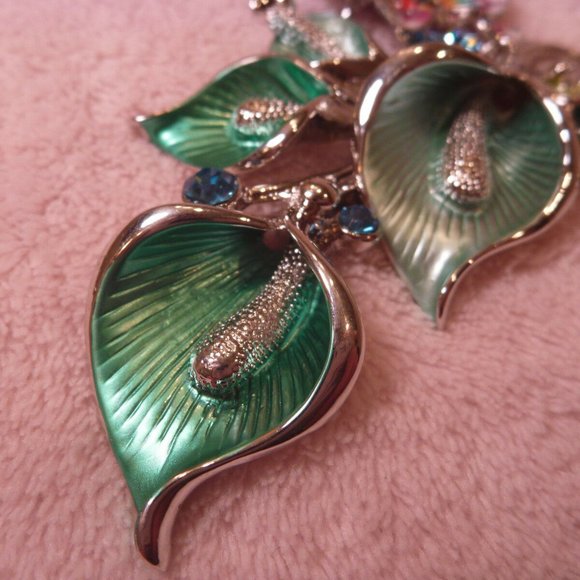 Silver tone Set Earrings Necklace Floral Enamel - Picture 4 of 8